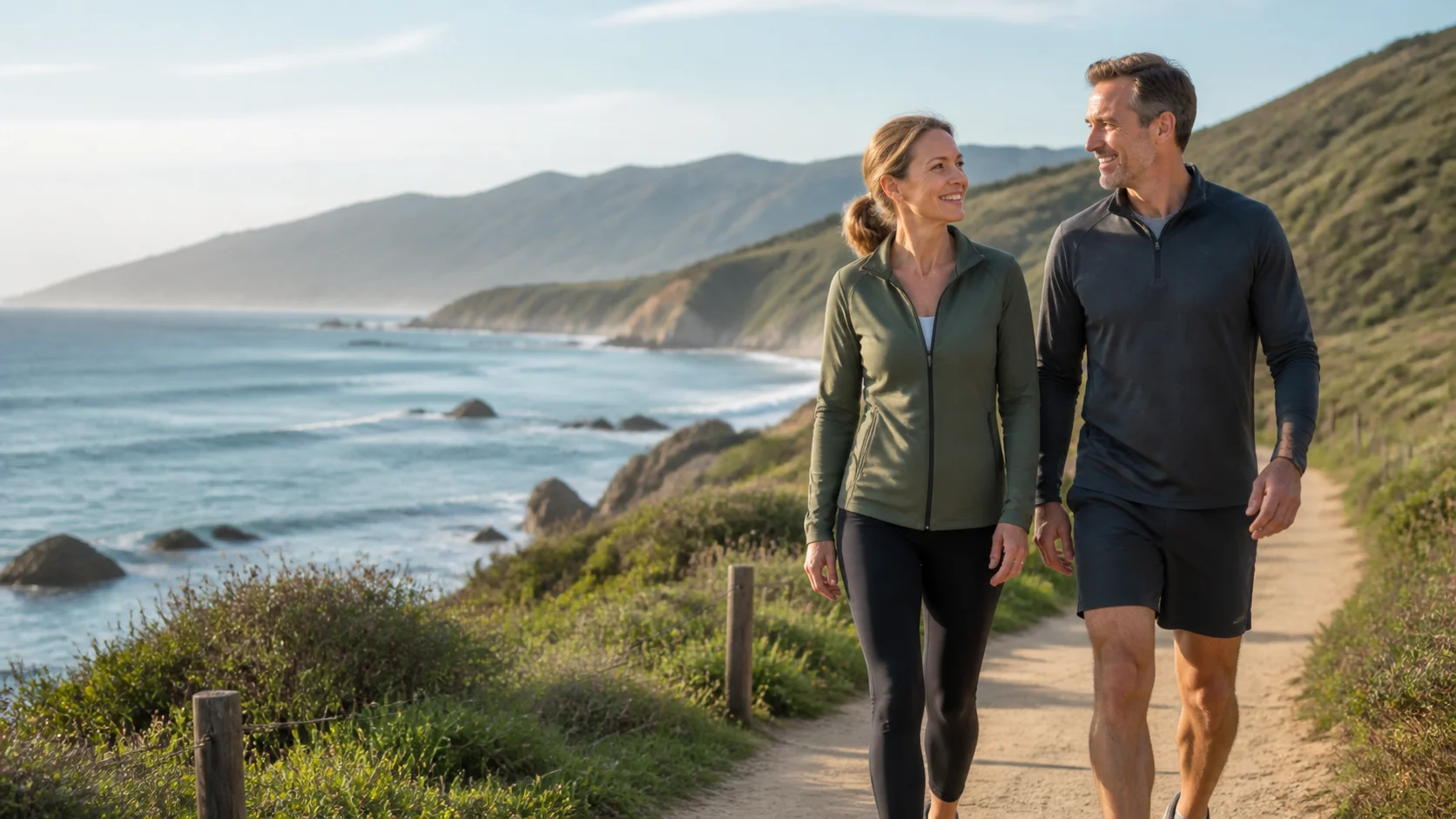 Active couple in their fifties walking together on a coastal trail