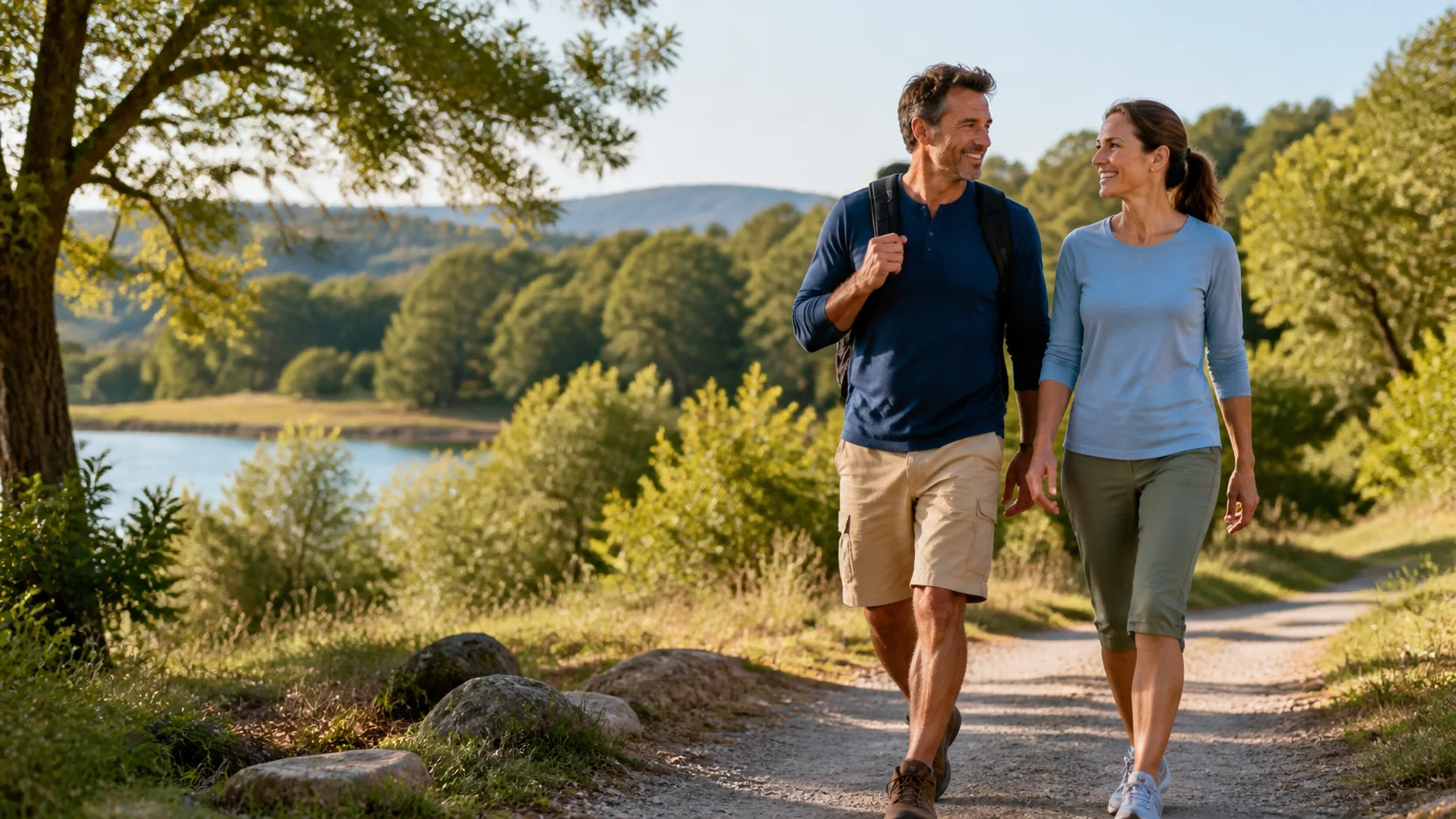 Active midlife couple walking through a scenic park