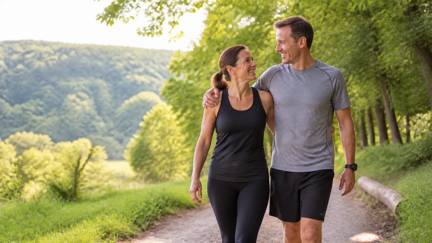 Active couple walking together in a park