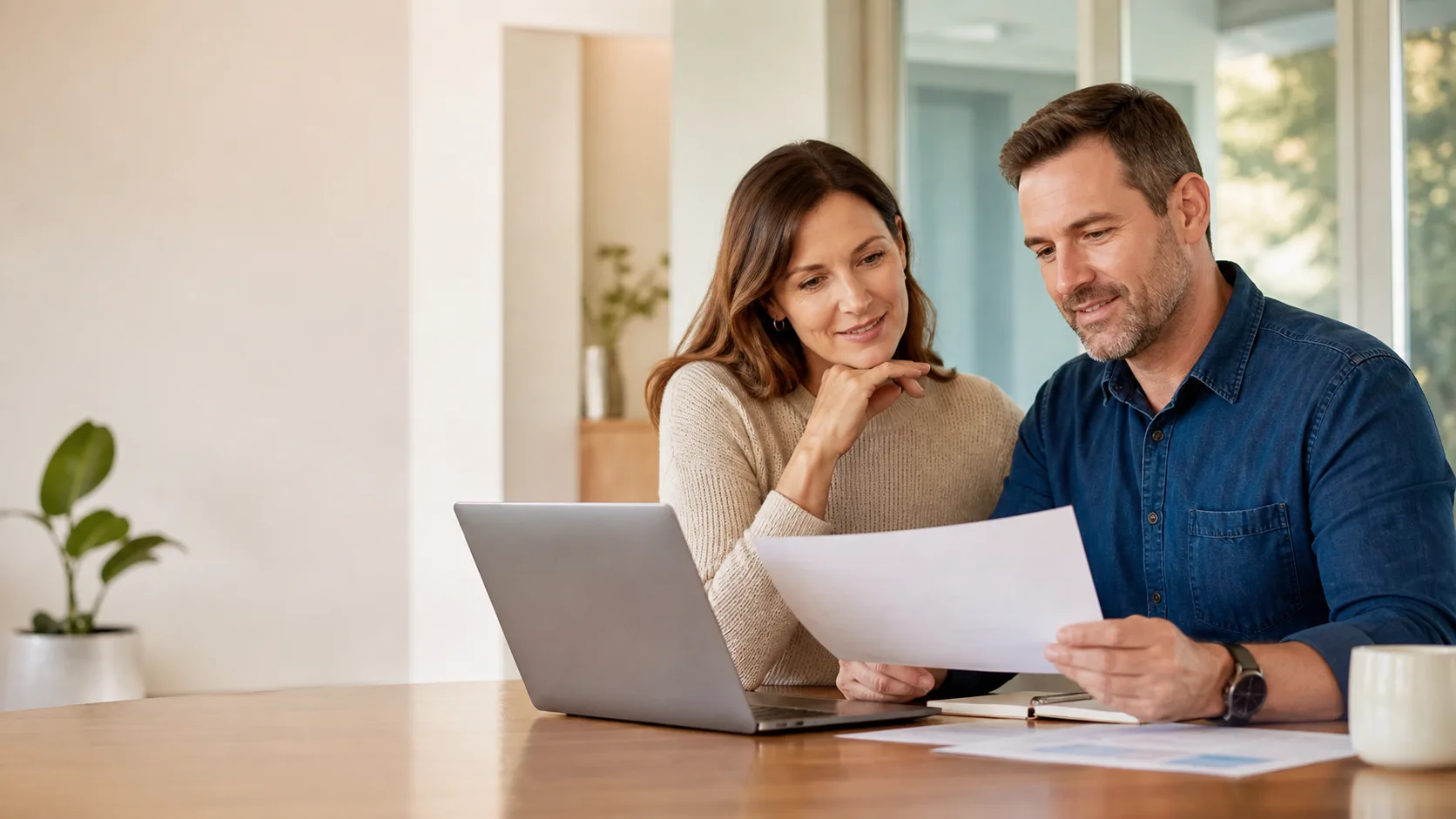 Couple reviewing financial documents together