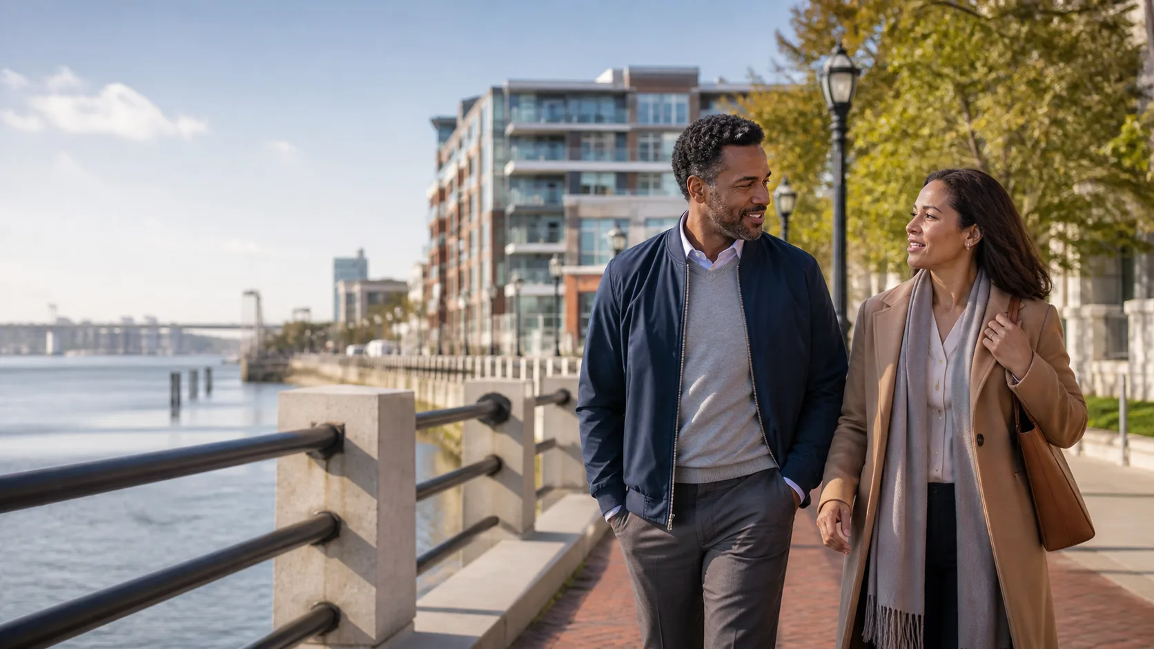 Active couple in their fifties walking along a waterfront