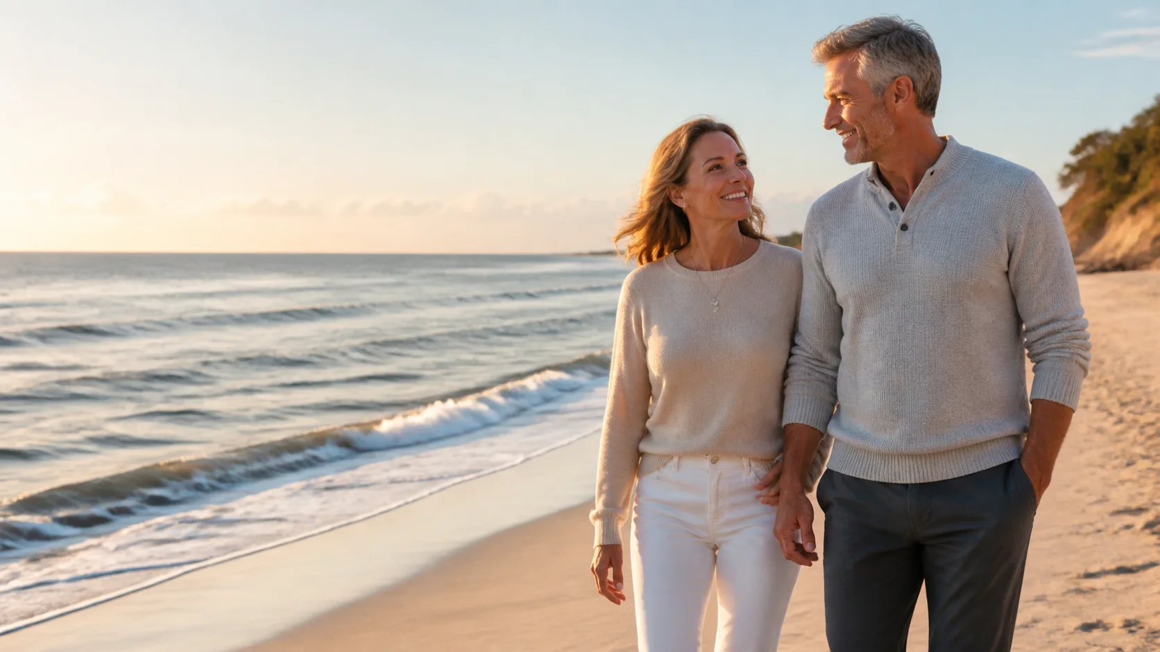 Couple in their fifties walking together along the coast