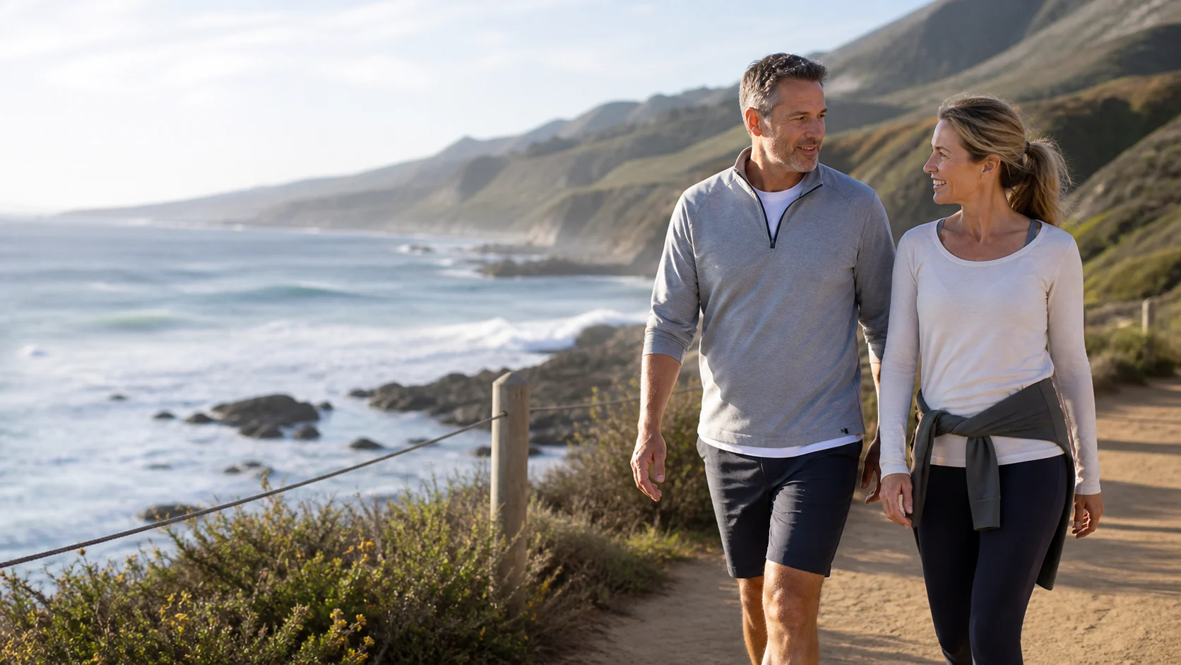 Couple in their fifties walking together on a coastal path