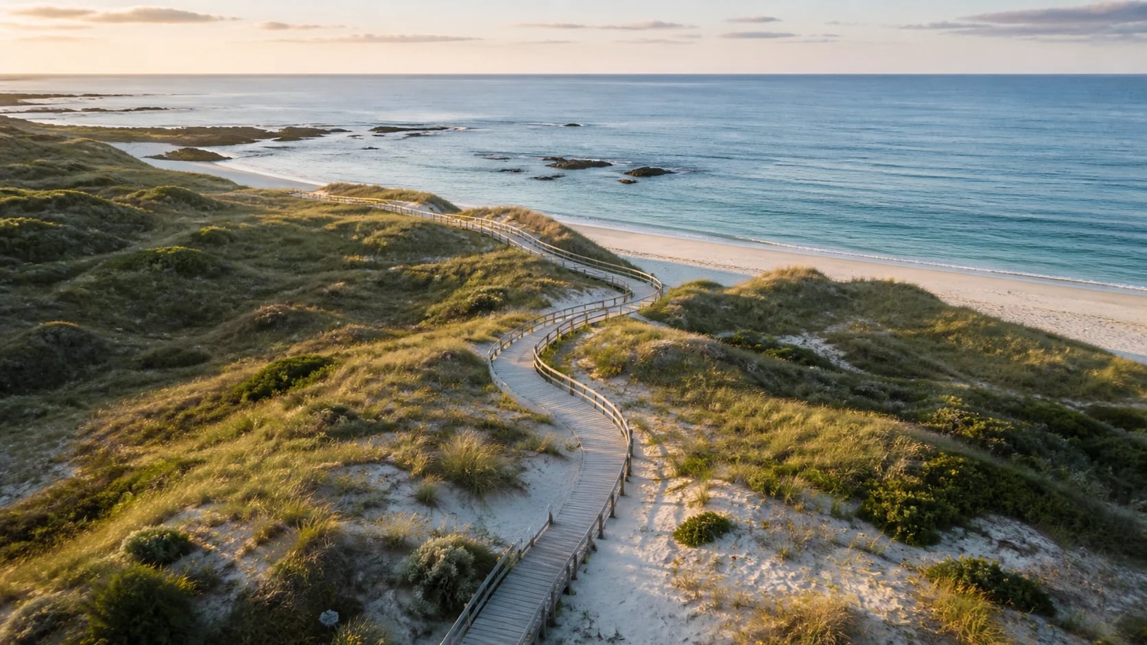 Aerial view of a coastal boardwalk winding through dunes toward the ocean